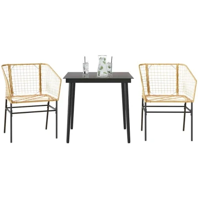 Image of vidaXL 3 Piece Garden Dining Set Brown Poly Rattan Glass
