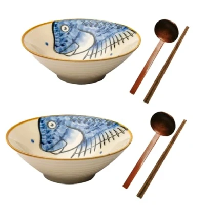 Image of Ceramic Japanese Ramen Bowl Noodles Bowls for Soup Pho Udon Soba Salad Snack Cereal Dishes with Spoons Chopsticks 900ml Gift Set (Blue Fish)