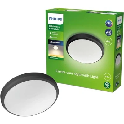 Image of PHILIPS LED Doris Outdoor Ceiling Light 6W [Warm White Black] Water Resistant IP54, for Garden, Patio and Terrace Lighting.
