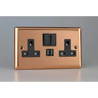 Image of Varilight Urban 2G 13A SP Switched Socket with USB Charging Ports Polished Copper (Standard Plate)
