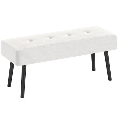 Image of HOMCOM End of Bed Bench, Corduroy Bedroom Bench with Thick Padding and Steel Legs, Tufted Window Seat for Entryway, Living Room, Cream White