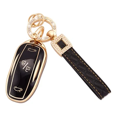 Image of Koaudb for Tesla Key Fob Cover Holder, 3 Buttons Soft TPU Protector with Leather Keychain Fit Model S Y Smart Case Black Gold (BP TSL)
