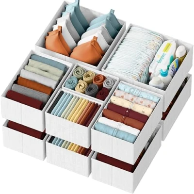 Image of Drawer Organizer Clothes Set of 12 White Grey Dresser For Nursery, Bedroom, Closet Perfect Baby and Storage &amp; General Nursery Organization or Organizers