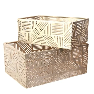 Image of HOME DECO FACTORY Rg6250 2 x Gold Striped Metal Basket Decorative Storage Pot Cover