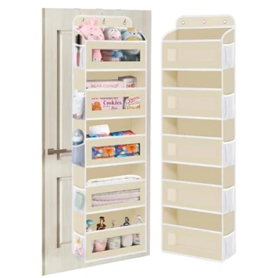 Image of KYEVIS Over The Door Organizer Storage, 5 Shelves Hanging with 10 Mesh Pockets, Behind Storage Ideal for Newborn, Nursery, and Baby Essentials Daily Use（Beige）