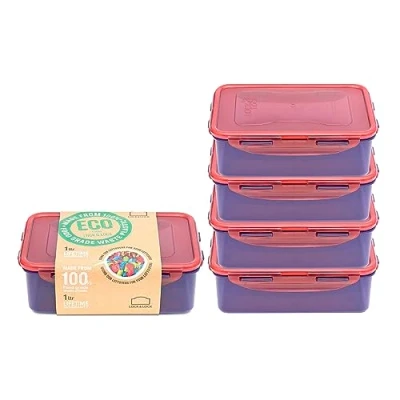 Image of LocknLock Eco Rectangular Food Containers with Lids Set of 5 Plastic Airtight &amp; Watertight Storage Containers, BPA Free Dishwasher Safe, x 1L