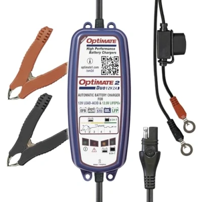 Image of OptiMate 2 Duo 12v Lithium and Lead Acid Automatic Battery Charger Maintainer, Black