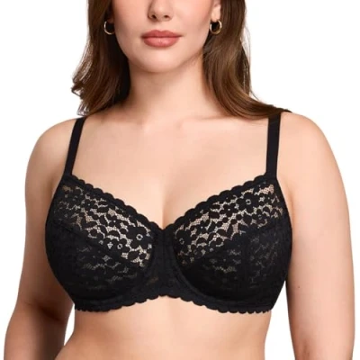 Image of DOBREVA Women&#039;s Unlined Lace Minimizer Bra Plus Size Underwire Full Coverage Black 34DD
