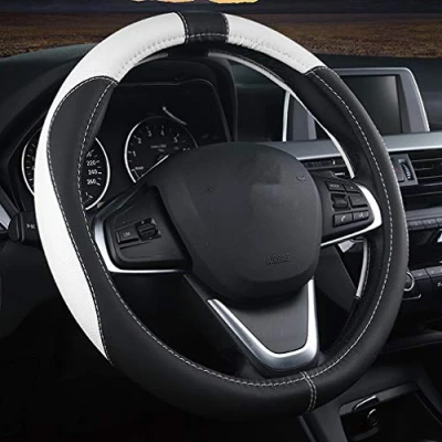 Image of Pahajim Steering Wheel Covers Soft Leather Universal 15 Inch/38CM Car Cover Breathable Anti slip Sport Style, Durable, Comfort for Women Men (black white)
