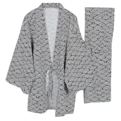 Image of Fancy Pumpkin Men&#039;s Japanese Style Robes Kimono Pajamas Suit Dressing Gown Set Wave Pattern, L, Black01