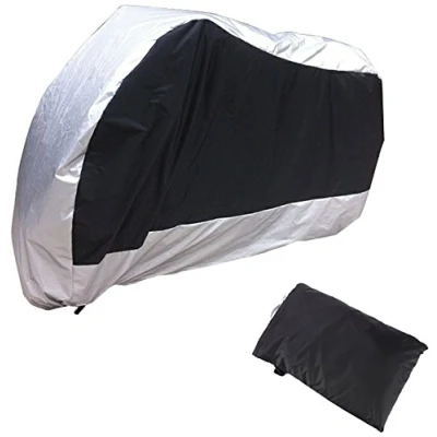 Image of AKORD Motorcycle Waterproof UV Protective Cover with Storage Bag, Black/Silver, Size XL