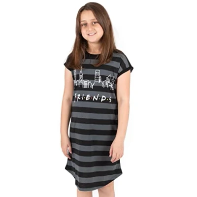 Image of FRIENDS Pyjamas Night Dress For Girls Kids New York Sitcom Nightie Short Sleeve Striped PJS F.R.I.E.N.D.S TV Show Merchandise 9 10 Years Grey