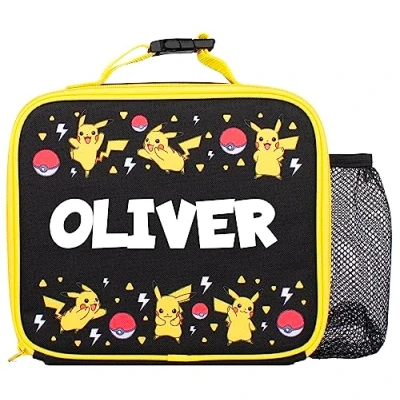 Image of Pokémon Personalised Pikachu Lunch Bag Children’s School for Boys &amp; Girls Insulated Kids Pokemon Box, Black/Yellow