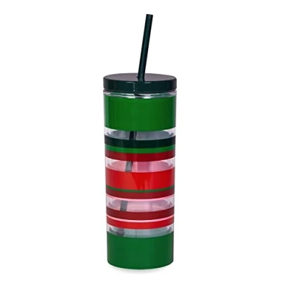 Image of Kate Spade New York Insulated Tumbler with Reusable Silicone Straw, Holiday Striped 20 Ounce Acrylic Travel Cup Lid, Christmas Stripe