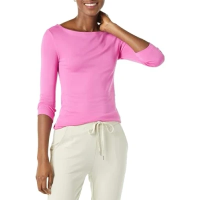 Image of Amazon Essentials Women&#039;s Slim Fit 3/4 Sleeve Solid Boat Neck T Shirt, Bright Pink, XS