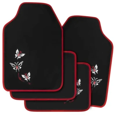 Image of WOLTU AM7140 Universal Non Slip Carpet Car Floor Mats Set of 4 Pieces Front &amp; Rear, Black with Red Embroidery Butterfly