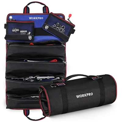 Image of WORKPRO Tool Roll Bag Multi Purpose with 2 Detachable Pouches and 4 Zipper 720D Heavy Duty Organiser Ideal for Storing Screwdrivers, Wrenches, Screws, Nuts