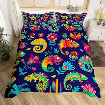 Image of Homewish Exotic Chameleon Bedding Set Colorful Lizard Comforter Cover For Kids Child,Wildlife Reptile Creature Duvet Rainbow Flowers Single Bed Wild Animal Pet Kawaii Room Decor