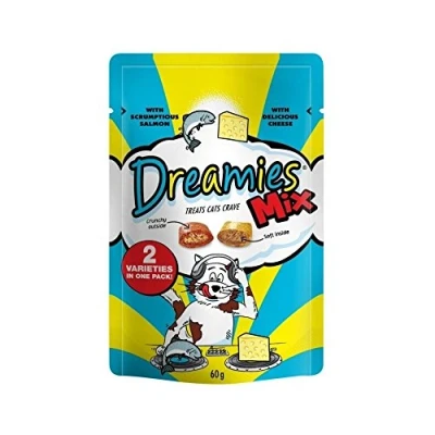 Image of Dreamies Cat Treats Mix with Scrumptious Salmon and Delicious Cheese (60g) Pack of 2