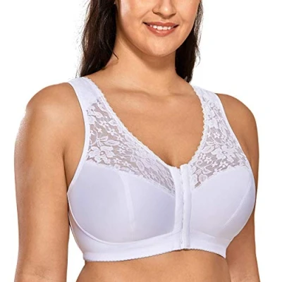 Image of Delimira Women&#039;s Front Fastening Bras Lace Wireless Plus Size Full Coverage Racerback Support Bra White 40E