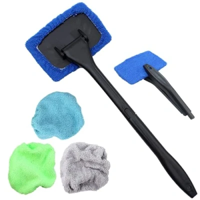Image of 1 Piece Car Window Cleaning Brush, with 4 Reusable Microfibre Buffers, Kit, Retractable Windscreen Cleaner for Interior Windows,