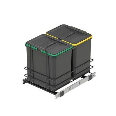 Image of Emuca Recycling bins for kitchen, 2 x 16 L, lower fixing and manual removal, Anthracite grey plastic