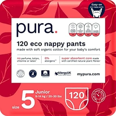 Image of Pura Eco Nappy Pants Size 5 (9 14kg /20 30lbs) Monthly Pack 6 x 20 Total 120 Baby Toddler Easy Pull Up’s Training Nappies for Boys and Girls, EU Ecolabel Certified, Perfume Free