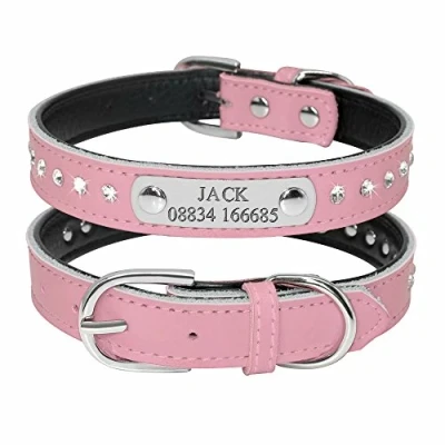 Image of Didog Sparkly Rhinestone Padded Custom Dog Collar with Engrave Nameplate ID Tag,Personalized Leather Pet for Small Medium Dogs and Cats,Pink,M Size