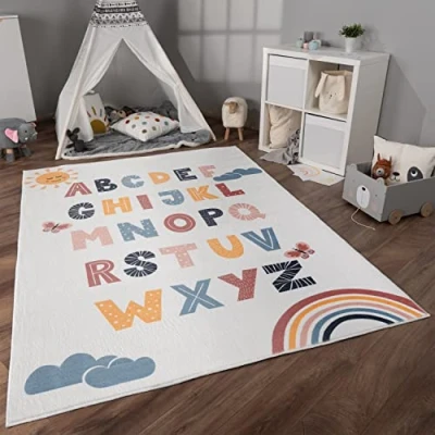 Image of Paco Home Nursery Area Rug Kids For Bedroom Girls Boys Non slip Rainbow Heart Dots, Size:160x220 cm, Colour:Multicolored