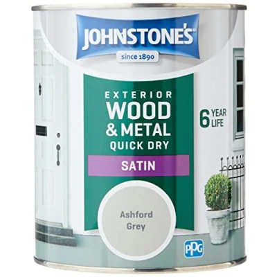 Image of Johnstone&#039;s Quick Dry Satin Ashford Grey Finish Exterior Wood &amp; Metal Resistant to cracking peeling 6 years of life 12m2 Coverage per Litre 0.75 L