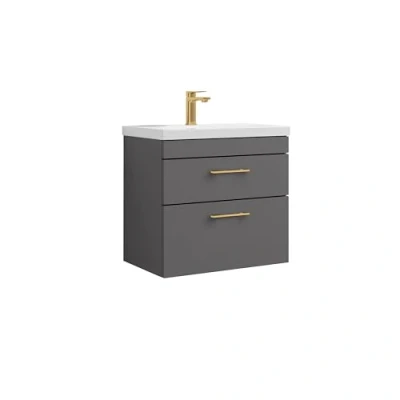 Image of Rio 2 Drawer Wall Hung Vanity Basin Unit 600mm Gloss Grey with Brushed Brass D Handles (Tap Not Included)