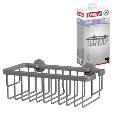 Image of tesa Moon Grey Wall Mounted Shower Basket, Matt Extra deep for More Room Suits Industrial Style and Modern bathrooms Drill Free, with self Adhesive Solution 92 mm x 250 125