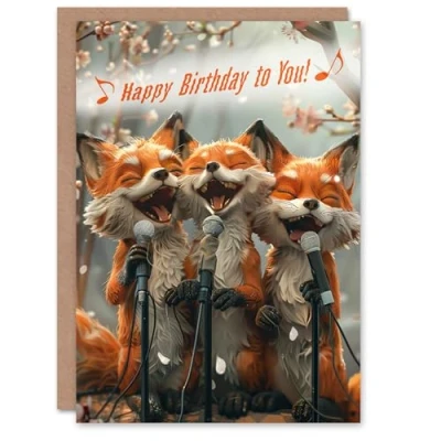 Image of Artery8 Birthday Card Three Cute Foxes Singing Fun Woodland Animal Karaoke For Him Her Man Woman Girl Boy Wife Husband Greeting