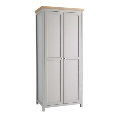 Image of Home Source 2 Door Wardrobe, Wooden Hanging Rail Storage Shelves, Oak Effect, Grey