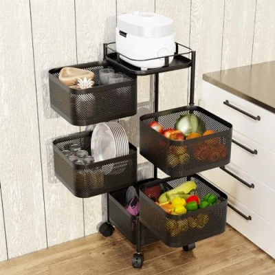 Image of Calager Kitchen Rotating Storage Shelves Rack,5 Tier Fruit Vegetable Basket Cart with Metal Top Lid,Square Wire Trolley on Wheels,Fruit Rack for (Black 5)