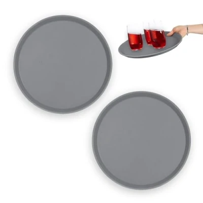 Image of Relaxdays 2X Serving Tray, Round Ø 35 cm, Bar Drinks Plate, Non Slip Rubber Surface, Waiter&#039;s Catering, Versatile, Grey, 2 x cm