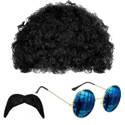 Image of VIKSAUN 3 PCS Hippie Costume Set,70s Fancy Dress,Funky Afro Wig Sunglasses Moustache,Disco 70s 80s Hippy Dress for 50 60 Theme Rockstar Party (3 PCS)