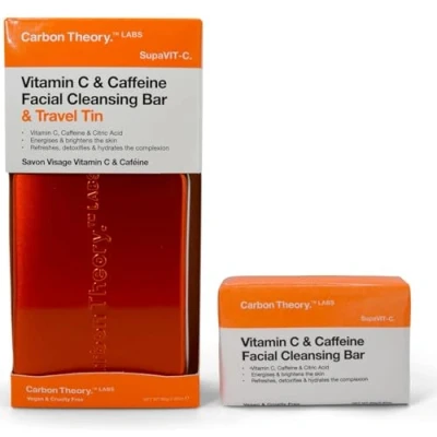 Image of Carbon Theory Vitamin C Face Wash Bar Facial Cleansing &amp; Travel Soap Case Tin Brightens Evens Skin Tone Vegan for Acne Prone Caffeine Citric Acid SupaVIT C, 80g