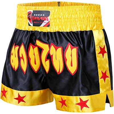 Image of Farabi Sports Muay Thai Shorts Men Women Cage Fighting Martial Arts MMA Grappling Kickboxing Training Exercise Fitness Running (UK, Alpha, XL, Regular, Black/Yellow)