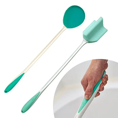 Image of 2 Pack Helping Hand Company Long Handle Sponge. Comfi Grip Bath and Body Sponges x 2. Bendable Handed Sponge for Disabled, Elderly or Pregnant. Deluxe Foot Scrubber Brush 26/66cm