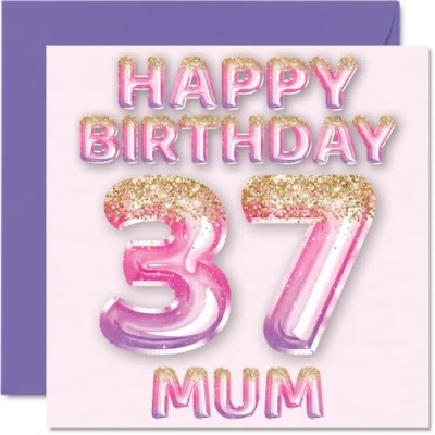 Image of 37th Birthday Card for Mum Pink &amp; Purple Glitter Balloons Happy Cards 37 Year Old Mother from Son Daughter, 145mm x Bday Greeting Gift