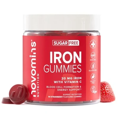 Image of Iron Gummies with Vitamin C Sugar Free &amp; Vegan Supplements for Women Men Strawberry Flavoured Alternative to Tablets Immune System Energy Booster 1 Month Supply Novomins