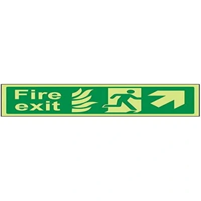 Image of V Safety Glow In The Dark NHS Fire Exit Arrow Up Right Sign 300mm x 100mm Rigid Plastic