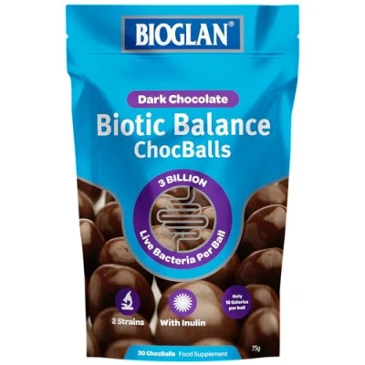 Image of Bioglan Biotic Balance dark Choc Balls, 3 Billion CFU Probiotic, live cultures wrapped in delicious chocolate, contains Lactobacillus Rosell, Bifodobacterium &amp; Inulin. 30 balls