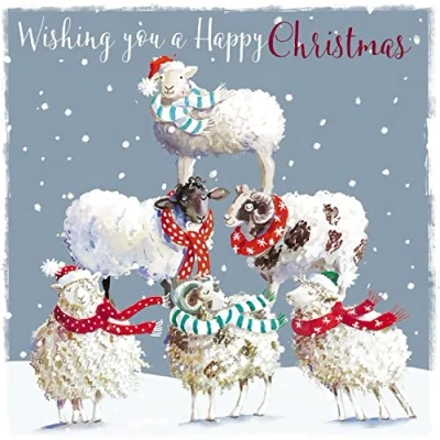 Image of Ling Design Artistic Charity Christmas Cards &#039;Sheep Tower&#039; Sheep Wearing Woolly Scarves Pack of 6