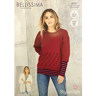 Image of Stylecraft Bellissima Double Knitting Pattern Cardigan and Sweater 9587 2 Easy Lace Designs Includes Larger Sizes