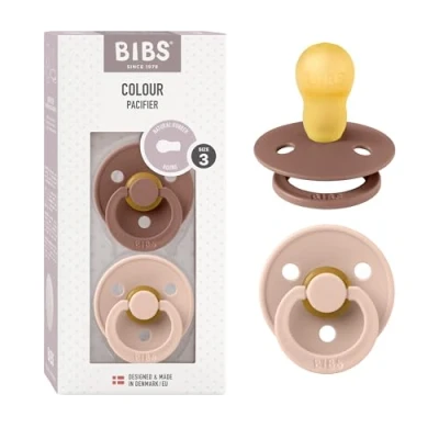 Image of BIBS Colour Soother 2 Pack, BPA Free Dummy Pacifier, Round Nipple. Natural Rubber Latex, Size 3 (18+ Months), Woodchuck/Blush