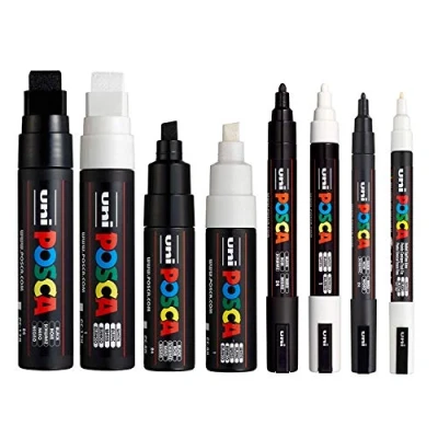 Image of Posca Black &amp; White Medium to Broad Set of 8 Pens (PC 17K, PC 8K, 5M, 3M)