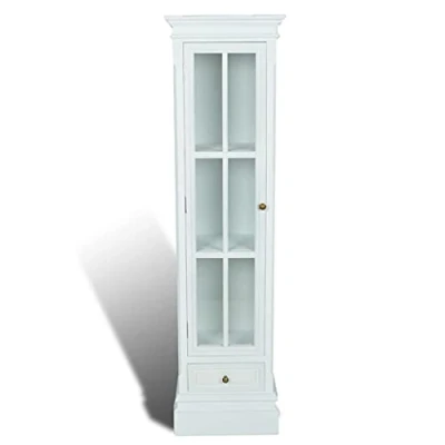 Image of vidaXL Chic White Wooden Cabinet, 3 Shelf Freestanding Bookcase with Glass Door and Bottom Drawer, Vintage Distressed MDF Material