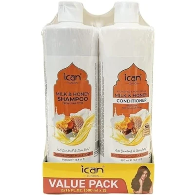 Image of ican London Milk &amp; Honey Shampoo + Nourishing Sulfate Free Conditioner Sets 500ml x 2